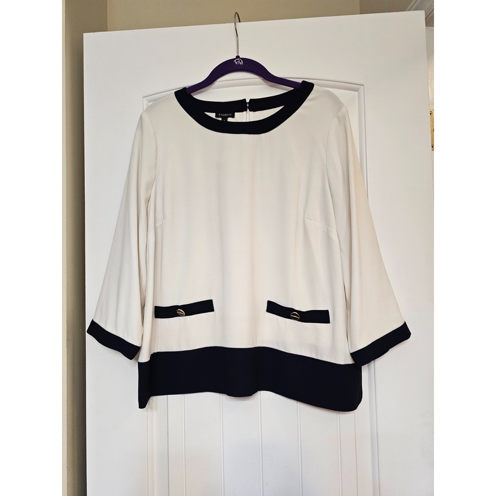 Talbots Blouse Women Medium Ivory Navy Blue Colorblock Gold Trim 3/4 Sleeve NEW